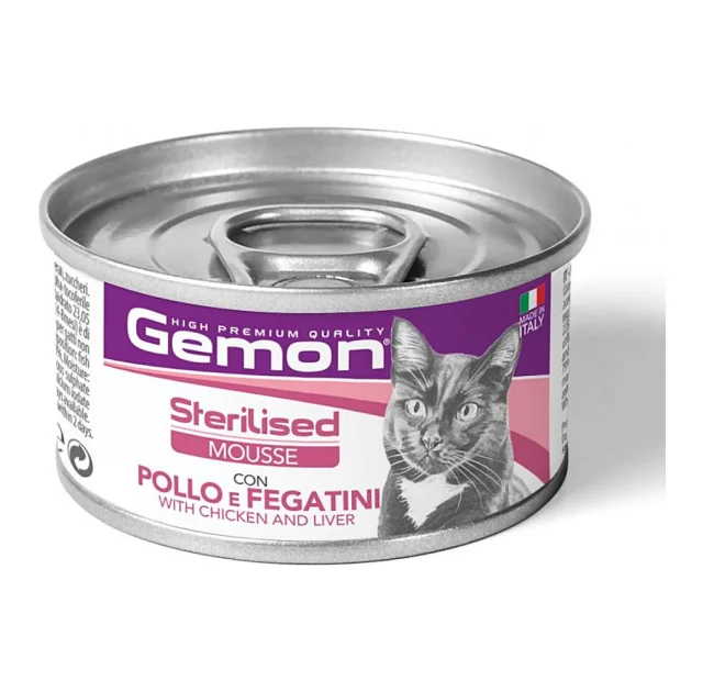 Консерви Gemon Cat Wet Sterilised м'ясний мус для стерилізованих котів, курка та лівер, 85 г