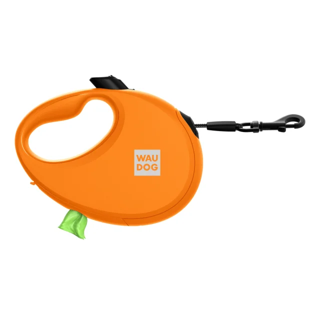 Повідець-рулетка Waudog R-leash для собак з контейнером для пакетів, світловідбивна стрічка, L, до 40 кг, 5 м, помаранчевий