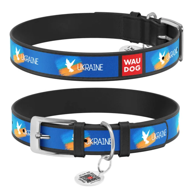 Нашийник Waudog Design з QR паспортом малюнок "Прапор" для собак шкіряний, XS, ширина 12 мм, довжина 20-28 см, чорний