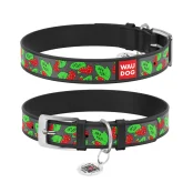 Нашийник Waudog Design з QR паспортом малюнок "Калина" для собак шкіряний, S, ширина 15 мм, довжина 26-35 см, чорний