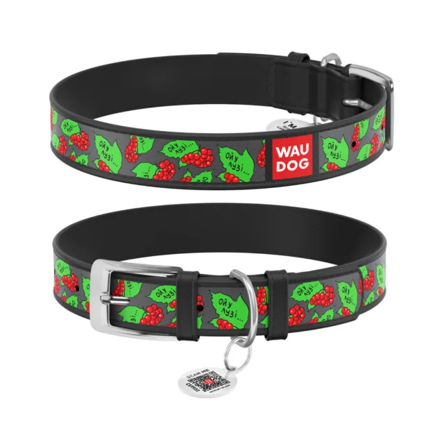 Ошейник Waudog Design с QR паспортом рисунок "Калина" для собак кожаный, S, ширина 15 мм, длина 26-35 см, черный