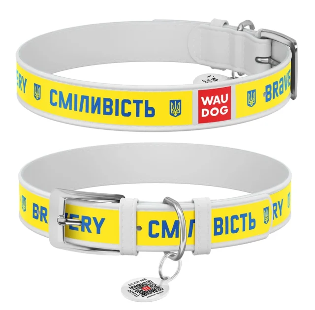 Ошейник Waudog Design с QR паспортом рисунок "Смелость" для собак кожаный, XXS, ширина 12 мм, длина 18-24 см, белый