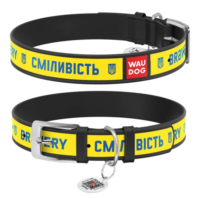 Нашийник шкіряний Waudog Design з QR паспортом для собак, малюнок "Сміливість" XS, 12 мм/20-28 см, чорний