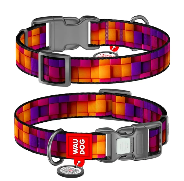 Ошейник Waudog Nylon с QR паспортом для собак нейлоновый, рисунок "Кубы 3Д",  L, ширина 25 мм, длина 33-49 см