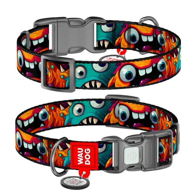 Ошейник Waudog Nylon с QR паспортом для собак нейлоновый, рисунок "Зубастые монстры",  XL, ширина 25 мм, длина 37-58 см