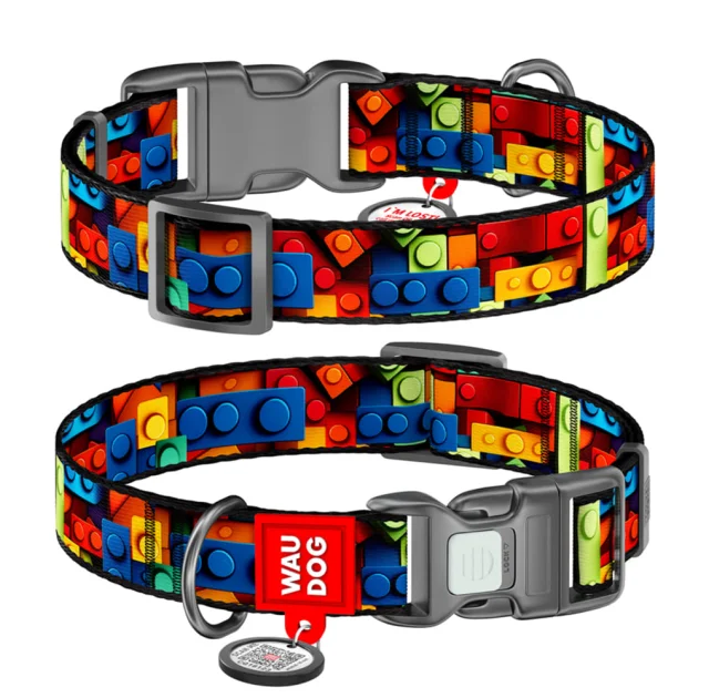 Ошейник Waudog Nylon с QR паспортом для собак нейлоновый, рисунок "Блоки",  XL, ширина 25 мм, длина 37-58 см
