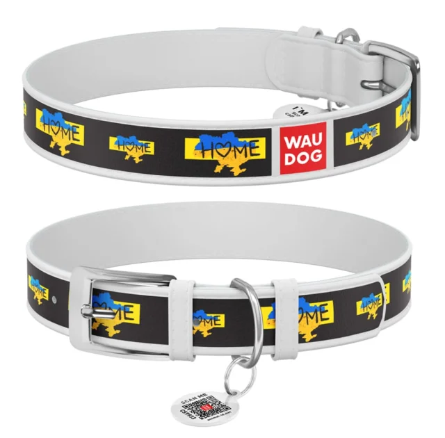 Нашийник шкіряний Waudog Design з QR паспортом для собак, малюнок "Дім", S,15мм/26-35 см, білий