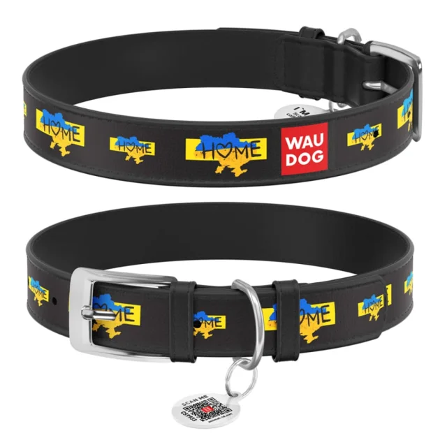 Ошейник кожаный Waudog Design с QR паспортом для собак, рисунок "Дом", XS, 12 мм/20-28 см, черный