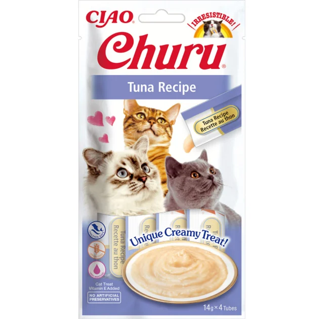 Лакомство Inaba Churu для кошек, сливочный мусс в стиках, с тунцем, 4×14 г