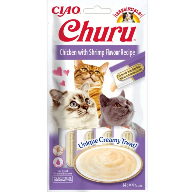 Лакомство Inaba Churu для кошек, сливочный мусс в стиках, курица, креветка, 4×14 г