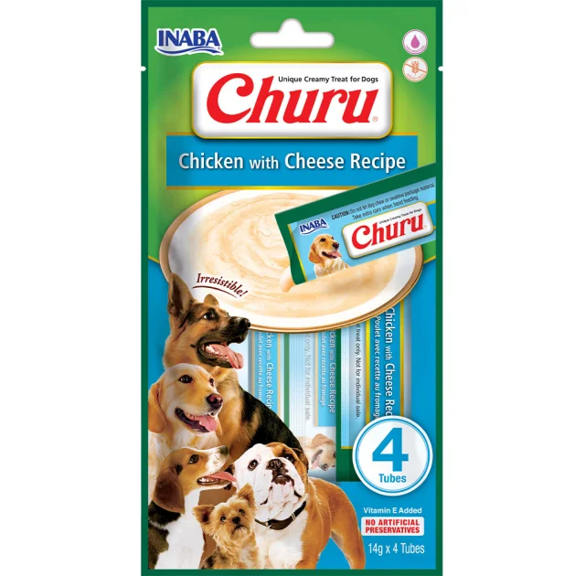 Ласощі Inaba Churu для собак, вершковий мус в стіках, курка з сиром, 4×14 г