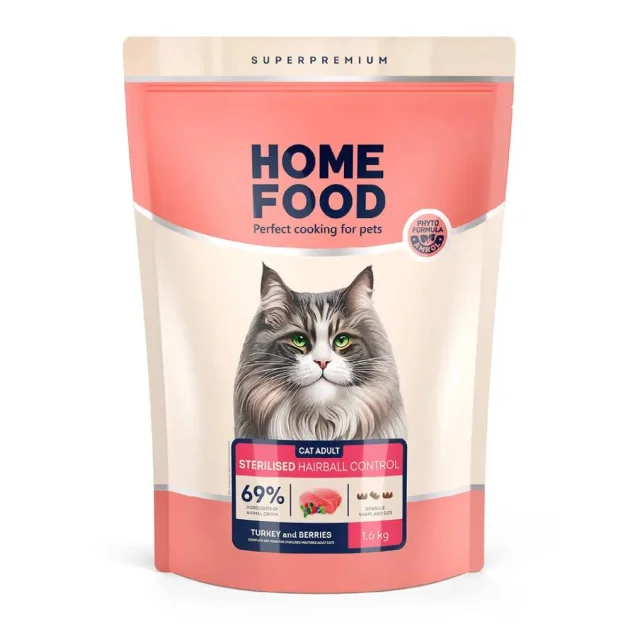Сухой корм Home Food Hairball Control, для взрослых кошек, для выведения шерсти, индейка и ягоды, 1.6 кг