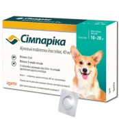 Жувальні таблетки Zoetis Симпарика проти бліх та кліщів для собак вагою від 10 до 20 кг, 40 мг, 3 таблетки (упаковка)