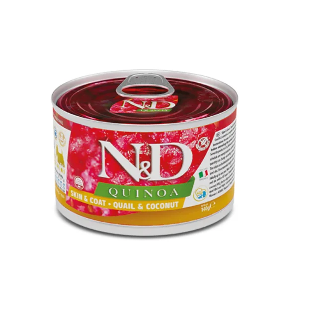 Влажный корм Farmina N&D Quinoa Skin&Coat Adult Mini для собак малых пород, при пищевой аллергии с перепелом, киноа, кокос и куркума, 140 г