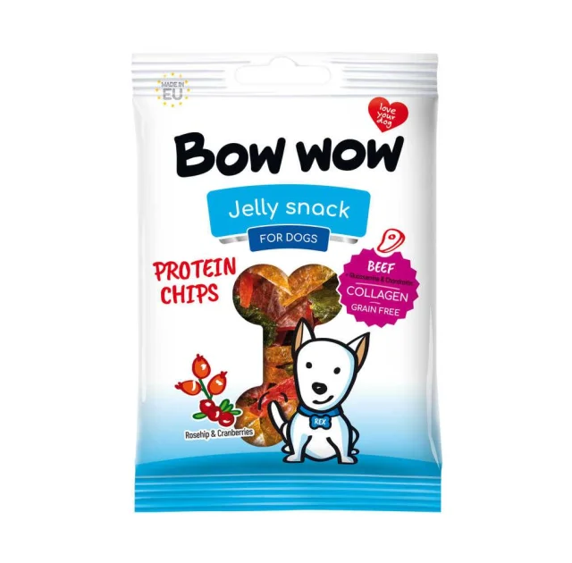 Ласощі для собак Bow wow протеїнові чипси з яловичиною, шипшиною та журавлиною, 60 г