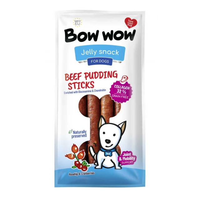 Ласощі Bow wow для собак, пудингові палички з яловичини, колагену, шипшини та журавлини, 27-30 см, 6 шт