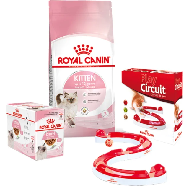 Набір сухий корм Royal Canin Kitten 2 кг + вологий корм 12 шт по 85 г + ігровий трек у подарунок