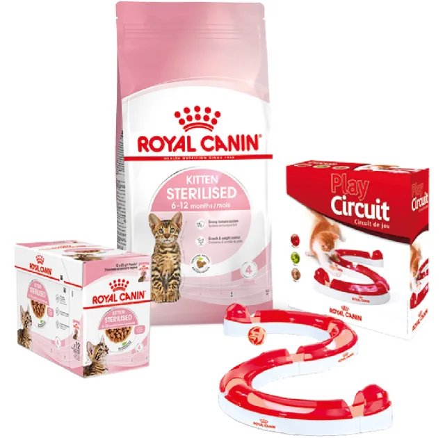 Набір сухий корм Royal Canin Kitten Sterilised 2 кг + вологий корм 12 шт по 85 г + ігровий трек у подарунок