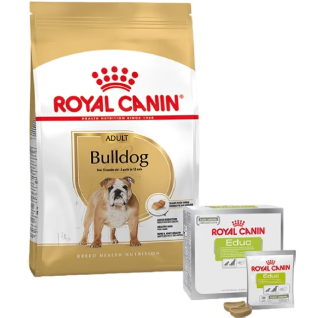 Набір сухий корм Royal Canin Adult Bulldog 12 кг + ласощі Educ 30 шт у подарунок
