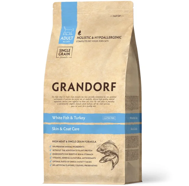 Сухой корм Grandorf White Fish & Turkey Skin & Coat Care для взрослых кошек для кожи и шерсти, белая рыба с индейкой, 2 кг