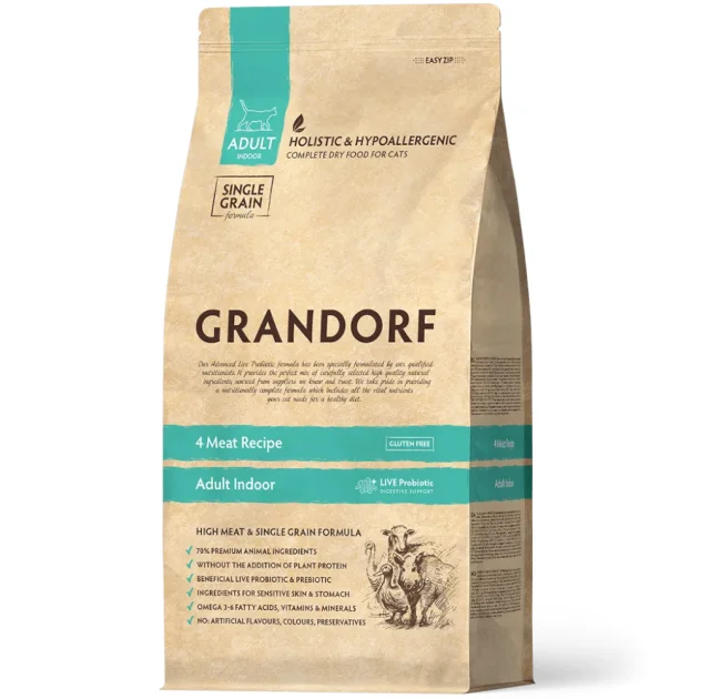 Сухой корм для кошек Grandorf Four Meat Adult Indoor для кошек с нормальной активностью от 1 года и старше, 4 вида мяса и пробиотики, 2 кг