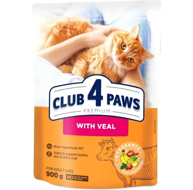 Сухой корм Клуб 4 Лапы Adult Cat Premium для взрослых кошек, с телятиной, 900 г