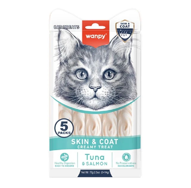 Функціональні рідкі ласощі Wanpy Creamy Lickable Treats Skin&Coat для покращення шкіри та шерсті котів, 5×14 г
