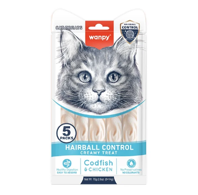 Функциональное жидкое лакомство Wanpy Creamy Lickable Treats Hairball Control для вывода шерсти у кошек, 5×14 г