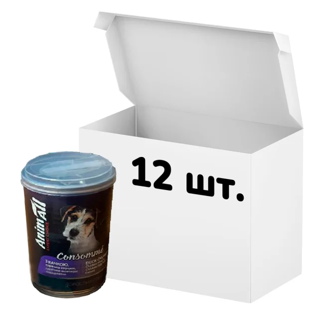 Упаковка консервів AnimAll для собак, консоме з качкою, курячим серцем і курячим жовтком, 375 г, 12 штук