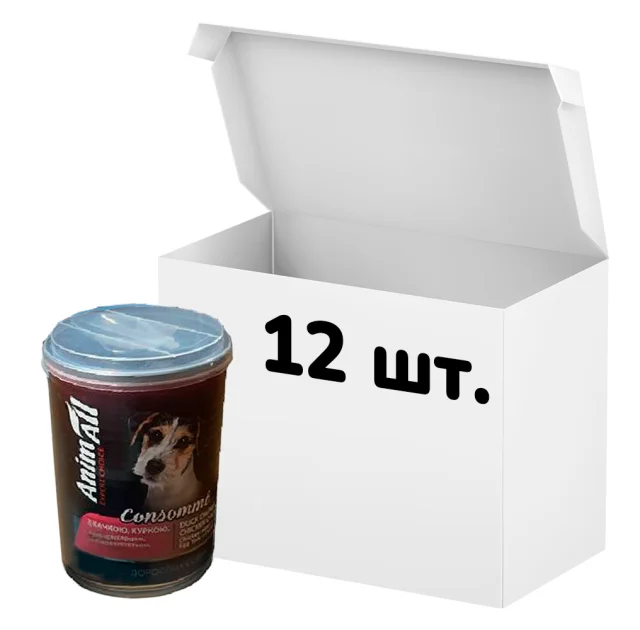 Упаковка консервів AnimAll для собак, консоме з качкою, куркою, курячим серцем та курячим жовтком, 375 г, 12 штук