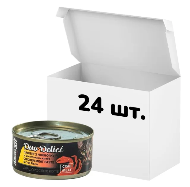 Упаковка консервов AnimAll Duo Delice для кошек, паштет из курицы с кусочками краба, 80 г, 24 штуки