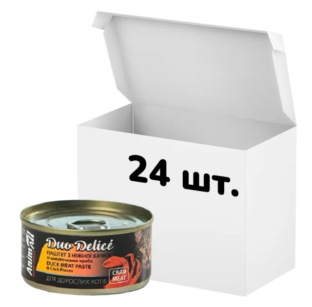 Упаковка консервов AnimAll Duo Delice для кошек, паштет из утки с кусочками краба, 80 г, 24 штуки