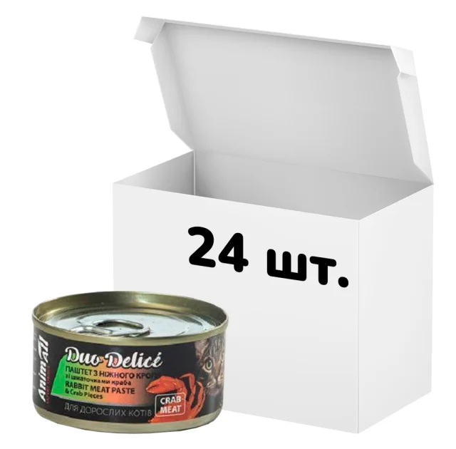 Упаковка консервов AnimAll Duo Delice для кошек, паштет из кролика с кусочками краба, 80 г, 24 штуки