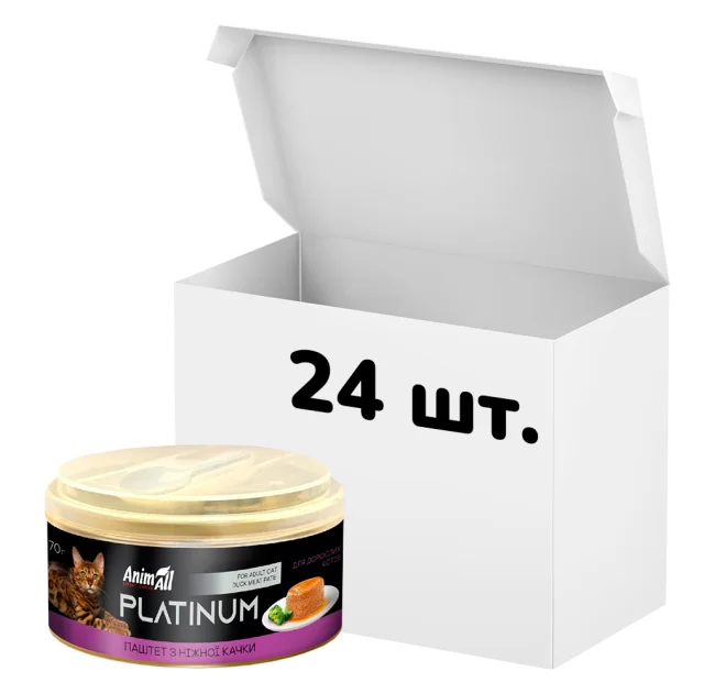 Упаковка консервов AnimAll Platinum для кошек, нежный паштет из утки, 70 г, 24 штуки