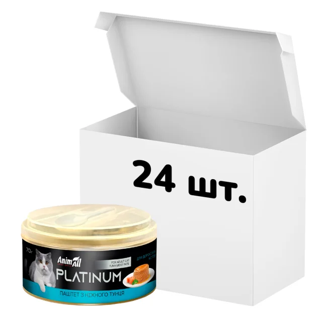Упаковка консервов AnimAll Platinum для кошек, нежный паштет из тунца, 70 г, 24 штуки