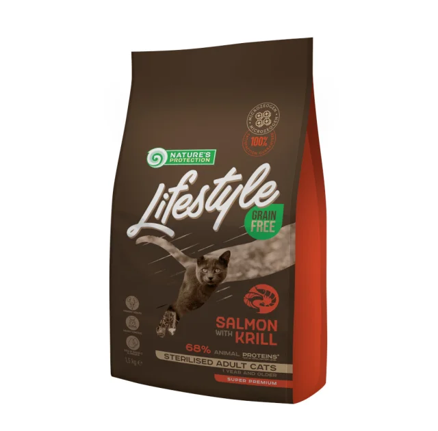 Сухой беззерновой корм Nature's Protection Lifestyle Grain Free Salmon with krill Sterilised Adult Cat для стерилизованных кошек, лосось, 1.5 кг
