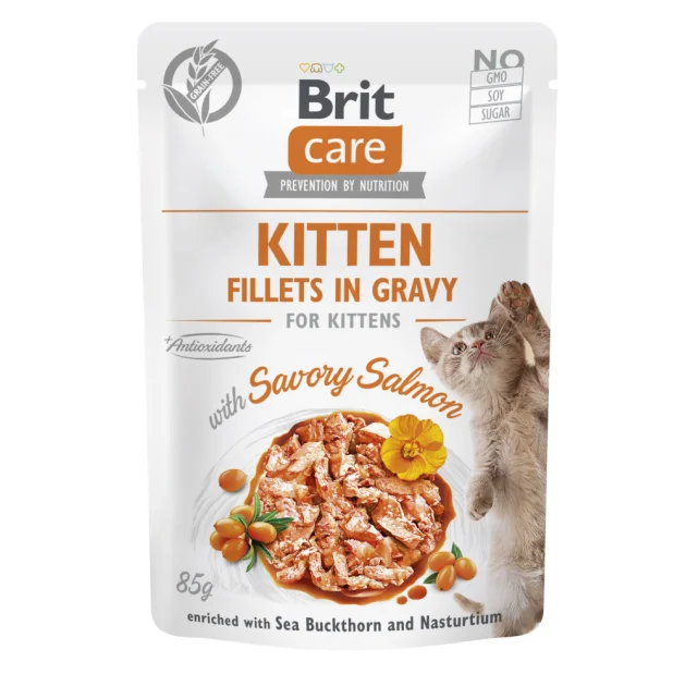 Влажный корм Brit Care Cat Fillets in Gravy with Savory Salmon для котят, филе в соусе, лосось, пауч, 85 г