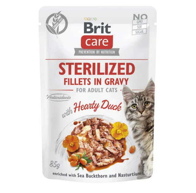 Влажный корм Brit Care Cat Fillets in Gravy для стерилизованных кошек, филе в соусе, с уткой, пауч, 85 г