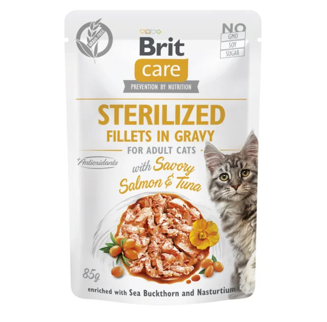 Влажный корм Brit Care Cat Fillets in Gravy для стерилизованных кошек, филе в соусе, лосось и тунец, пауч, 85 г