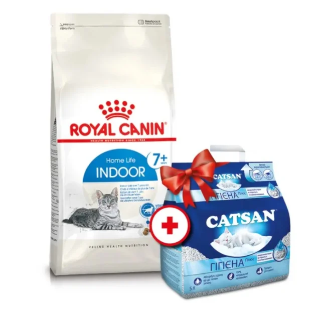 Сухой корм Royal Canin Indoor 27 для кошек постоянно живущих в помещении, 4 кг + наполнитель Catsan 5 л в подарок