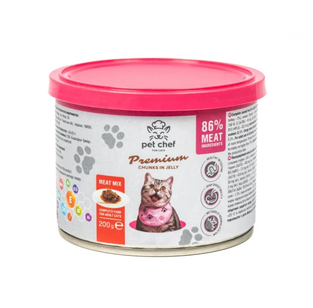 Консервы Pet Chef Мясной микс для взрослых кошек, кусочки в желе, 200 г