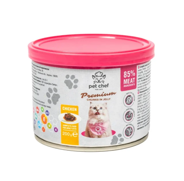 Консервы Pet Chef Chicken для взрослых кошек, кусочки в желе, с курицей, 200 г