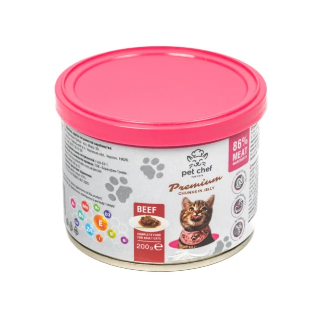 Консервы Pet Chef Beef для взрослых кошек, кусочки в желе, с говядиной, 200 г