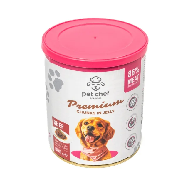 Консерви Pet Chef Beef для дорослих собак, шматочки в желе, з яловичиною, 800 г