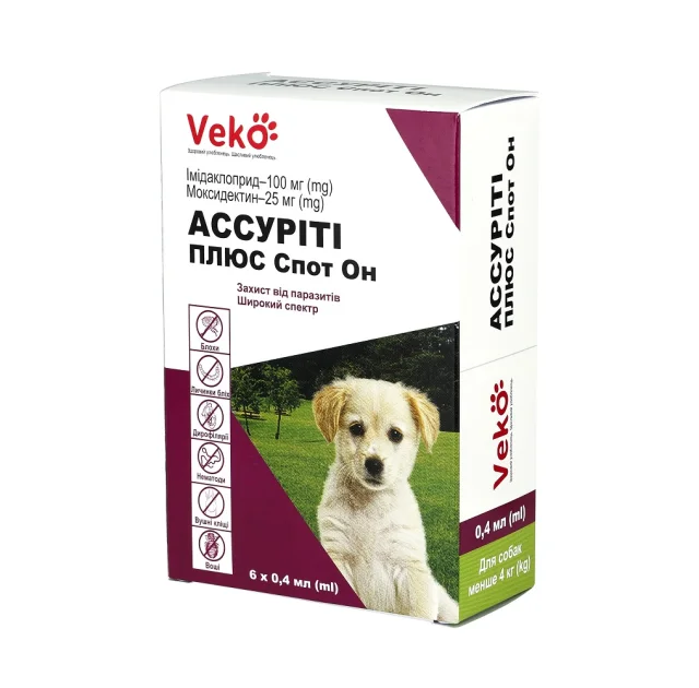 Каплі Veko Ассуріті Плюс Cпот Он проти паразитів для собак до 4 кг, 6 піпеток, 0.4 мл