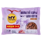 Влажный корм Мой чемпион для кошек, кусочки с курицей и телятиной, пауч, 100 г, акция 3+1