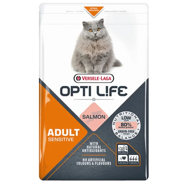 Сухой беззерновой суперпремиум корм Versele-Laga Opti Life Sensitive для кошек с чувствительным пищеварением, лосось, 1 кг.
