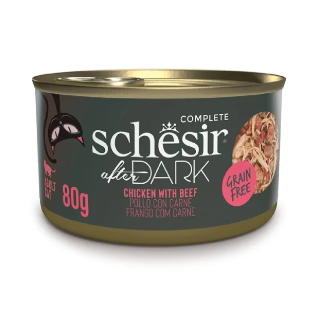 Влажный корм Schesir After Dark Chicken With Beef, консервы для кошек, курица с говядиной в бульоне, 80 г