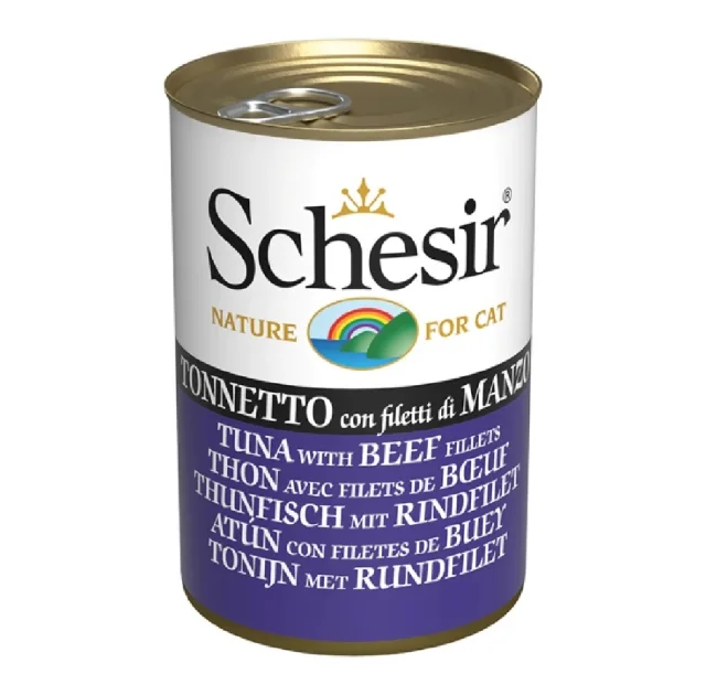Влажный корм Schesir Tuna with Beef Fillets, консервы для кошек, тунец с филе говядины в желе, 140 г