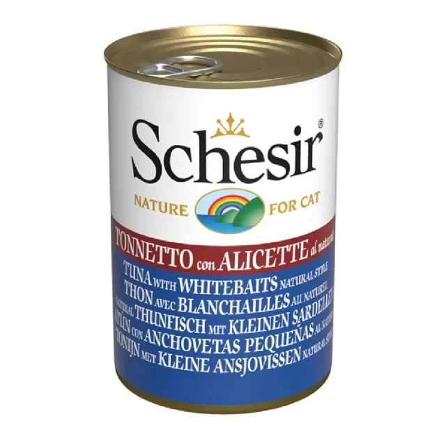 Вологий корм Schesir Tuna with Whitebaits, консерви для котів, тунець з анчоусами в бульйоні, 140 г